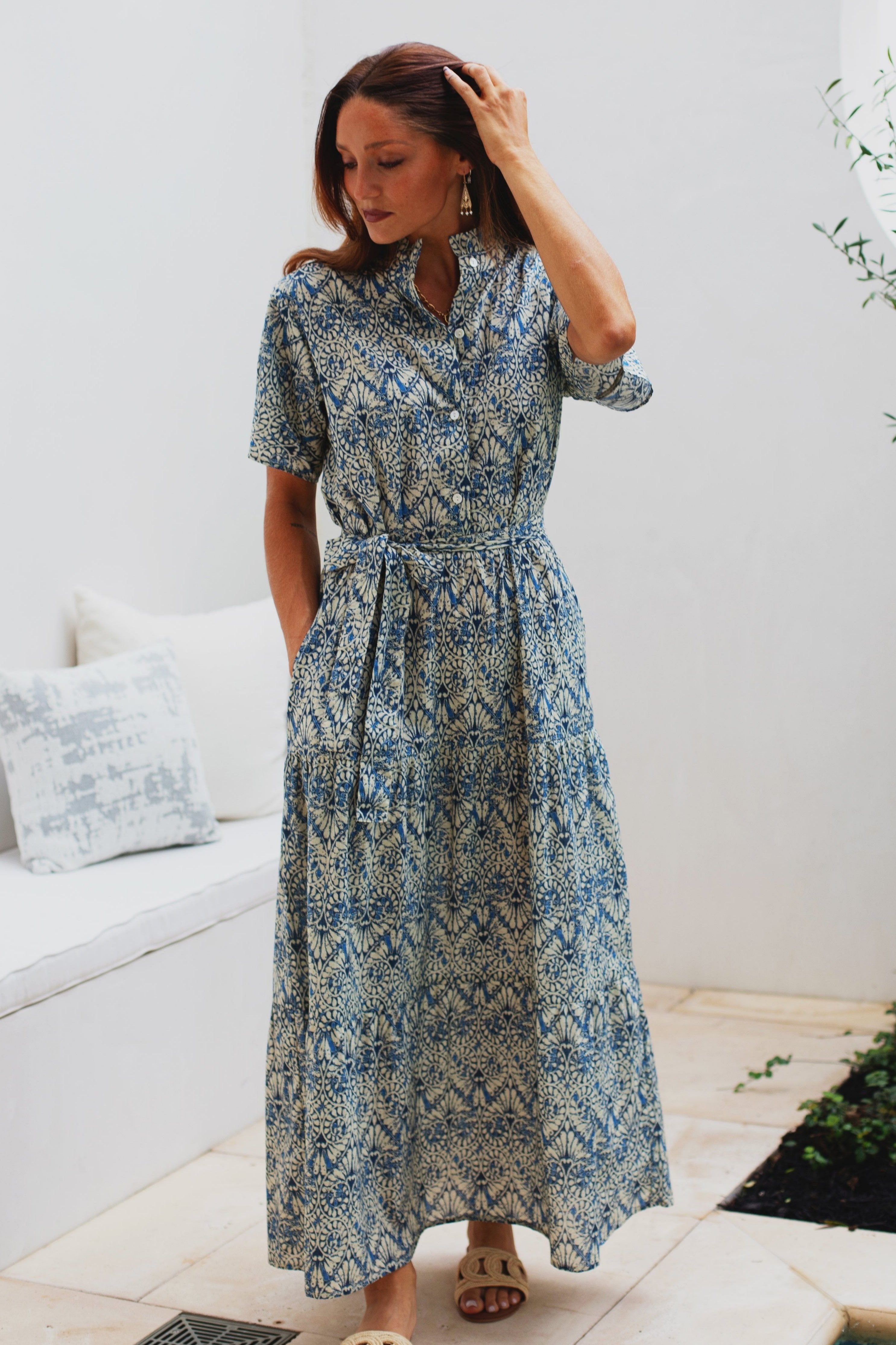 ワンピース vintage sheer blue print maxi dress Val Maxi Dress in Blue Blockprint by ExVoto – Ex Voto Vintage
