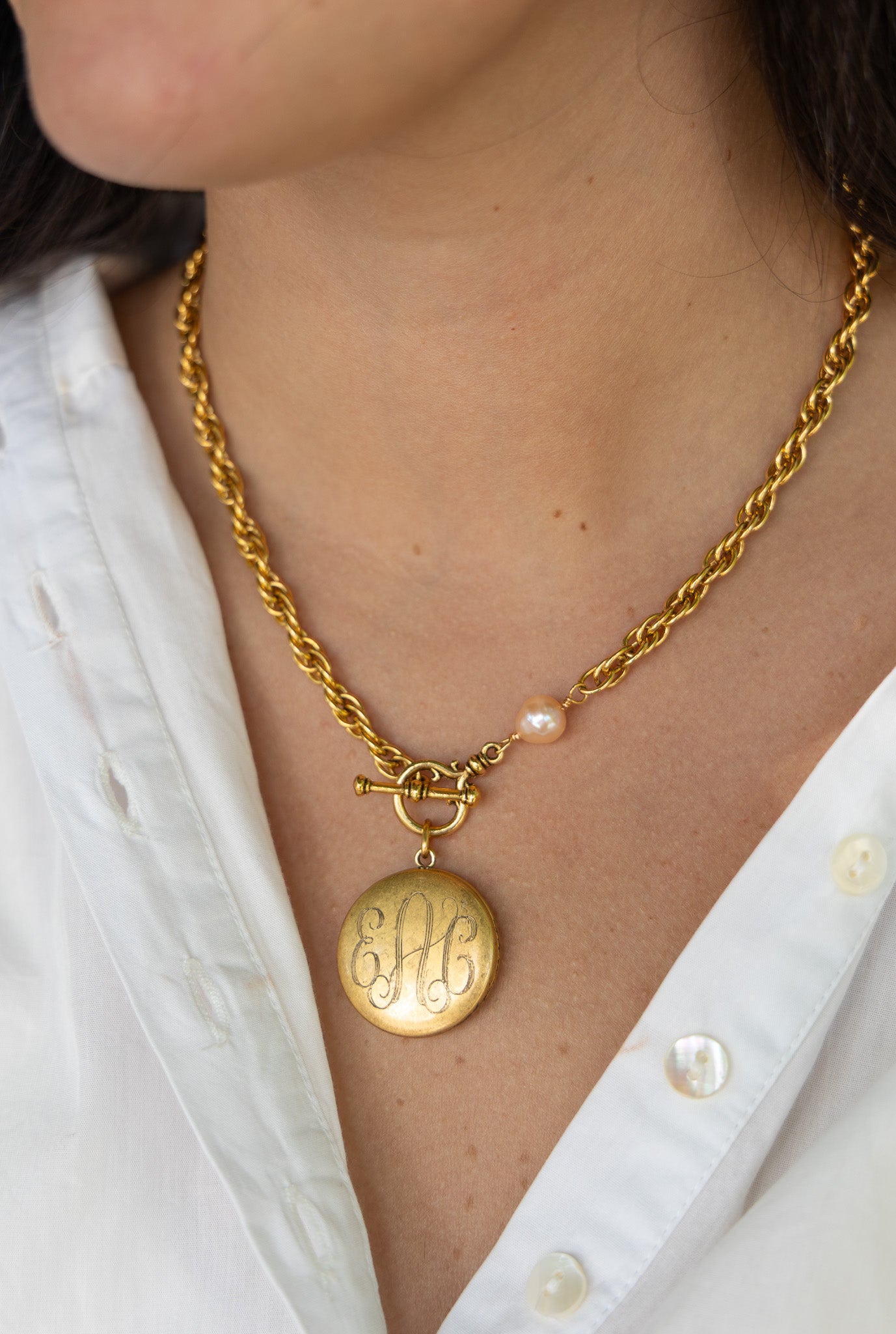 Custom Machine Engraved Katherine Necklace with Natural Pearl and Frances Locket