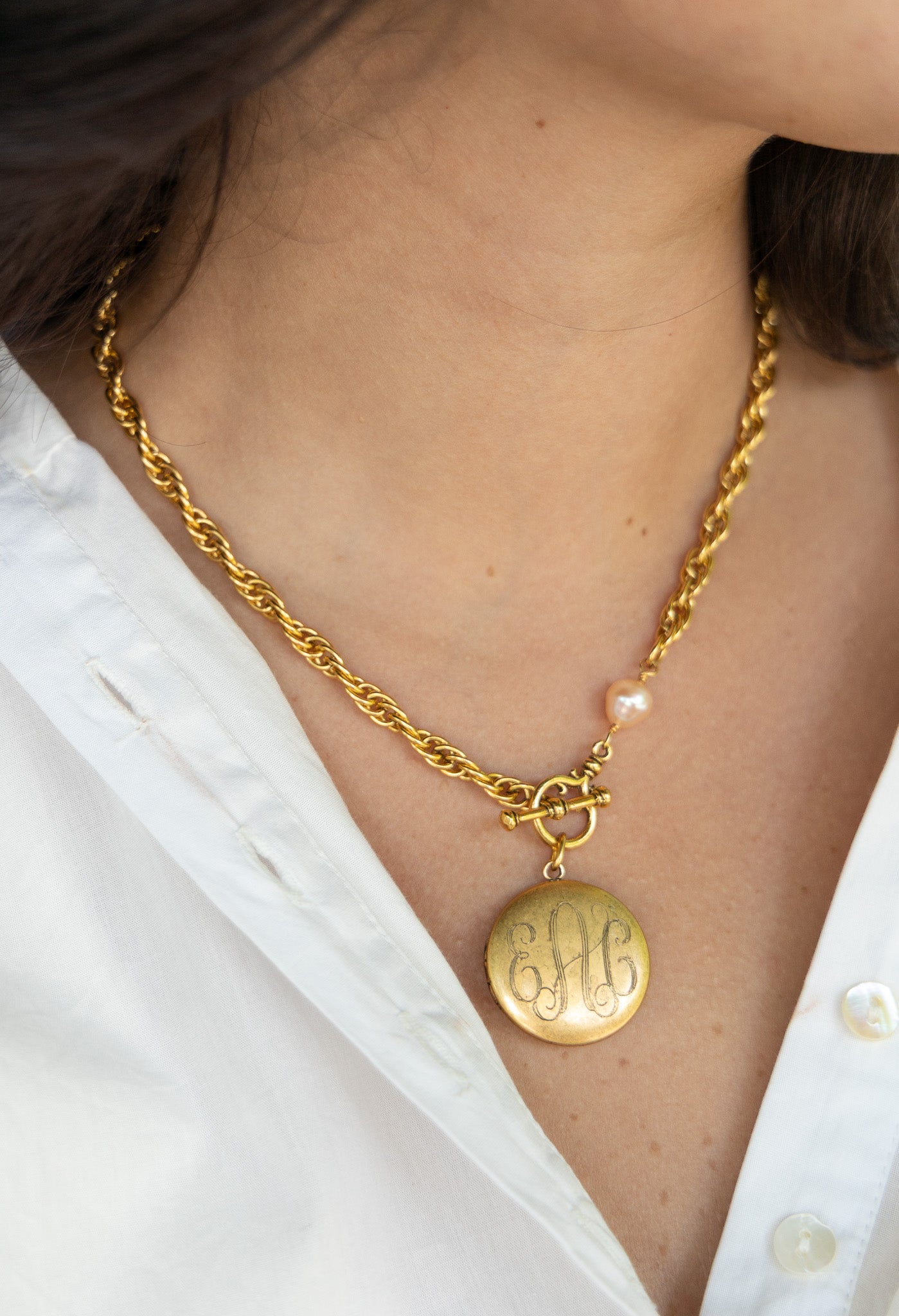 Custom Machine Engraved Katherine Necklace with Natural Pearl and Frances Locket