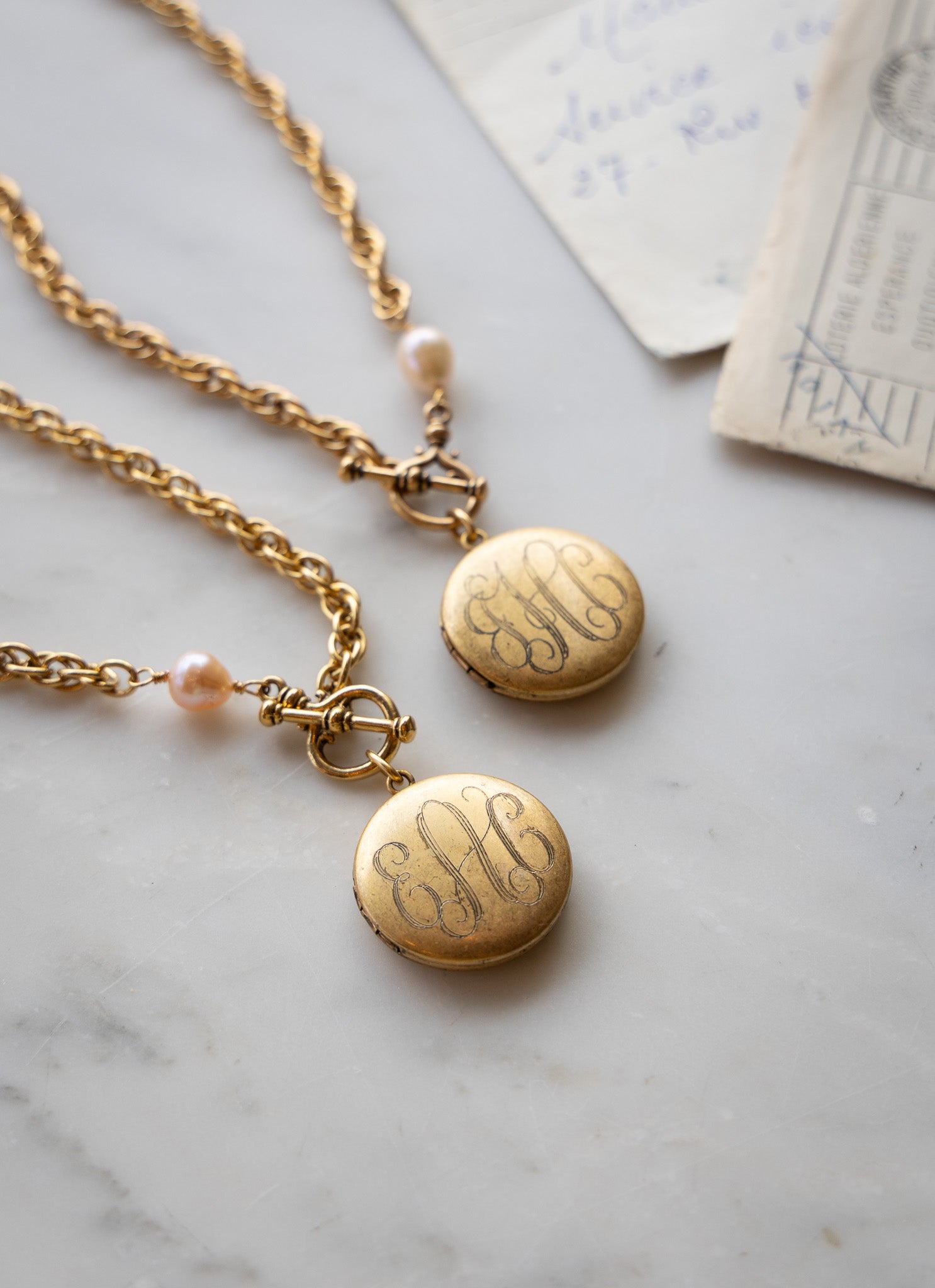 Custom Machine Engraved Katherine Necklace with Natural Pearl and Frances Locket