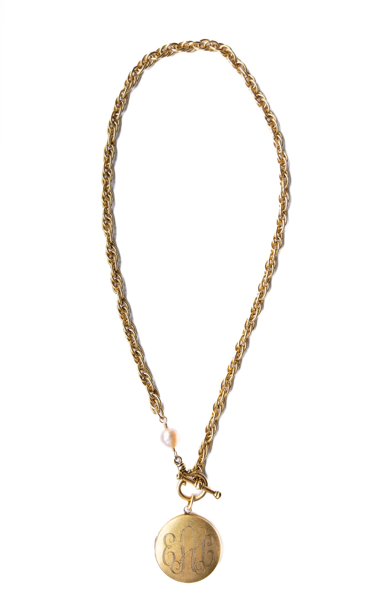 Custom Machine Engraved Katherine Necklace with Natural Pearl and Frances Locket