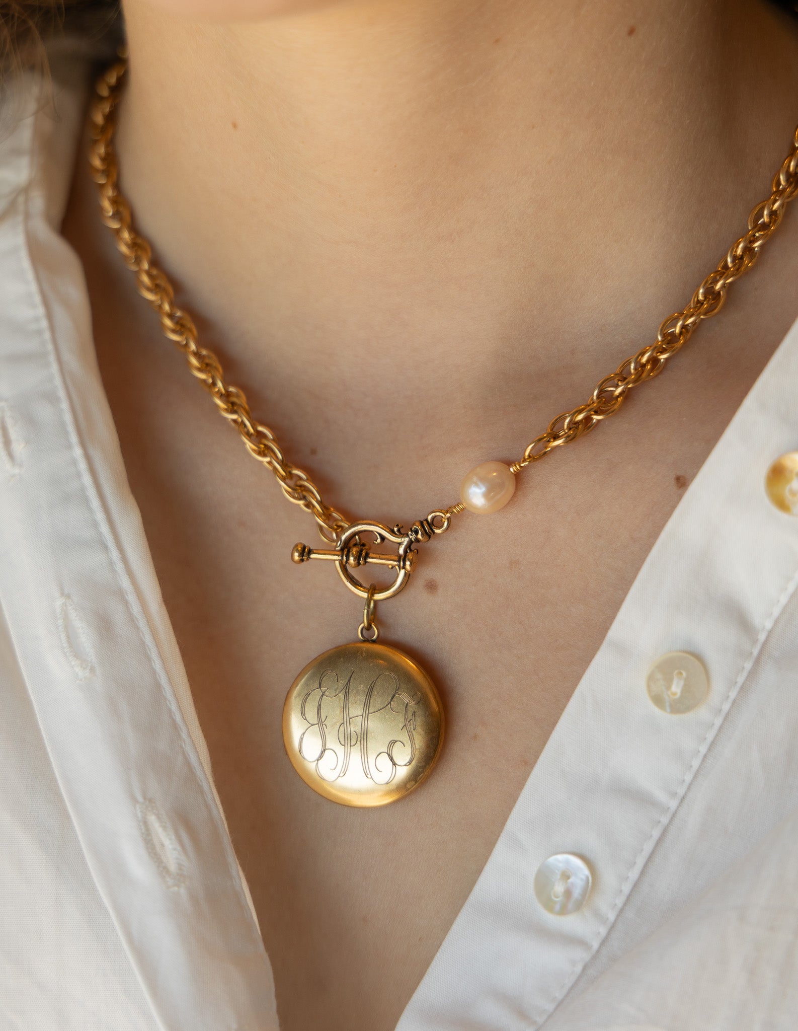 Custom Machine Engraved Katherine Necklace with Natural Pearl and Frances Locket