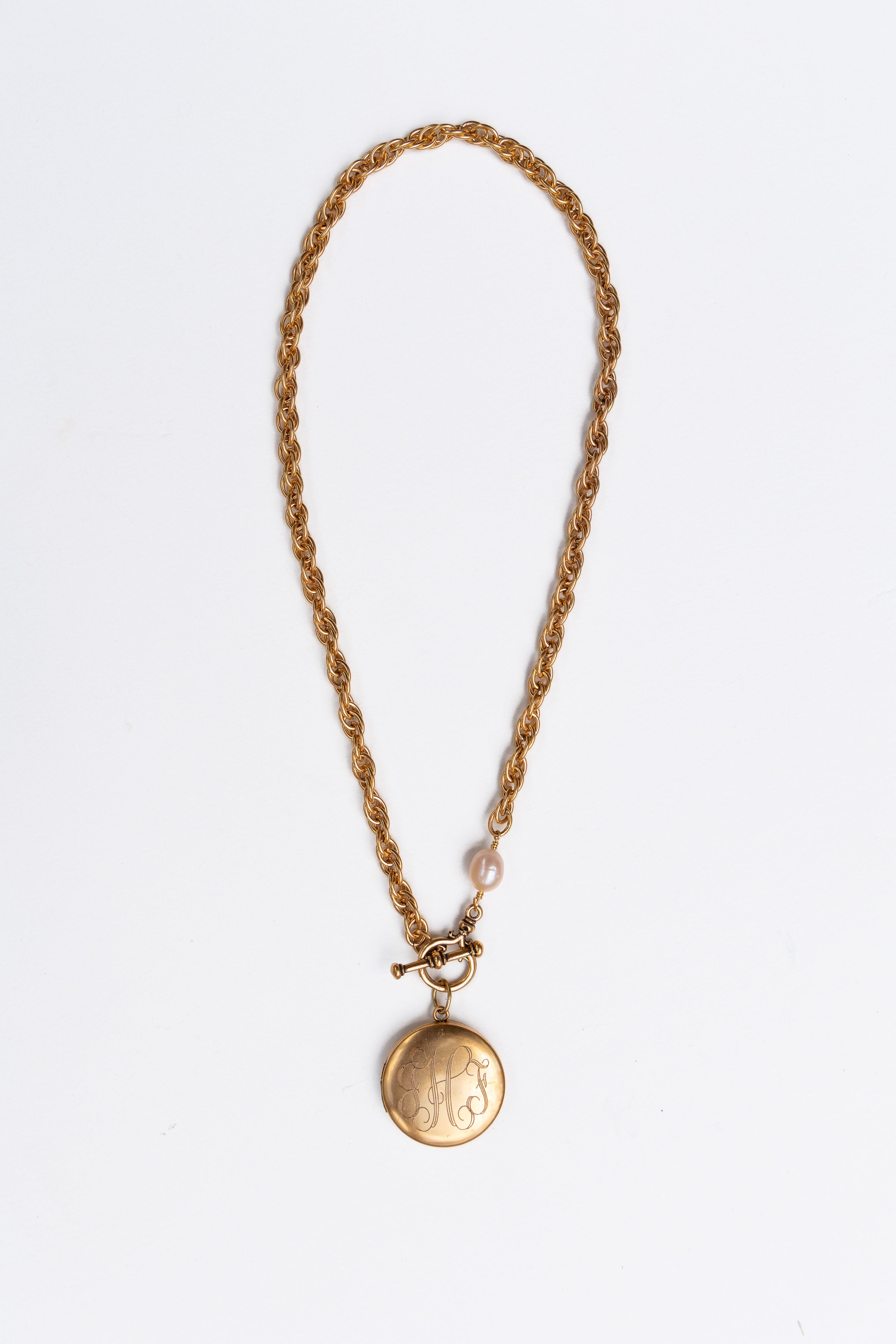 Custom Machine Engraved Katherine Necklace with Natural Pearl and Frances Locket