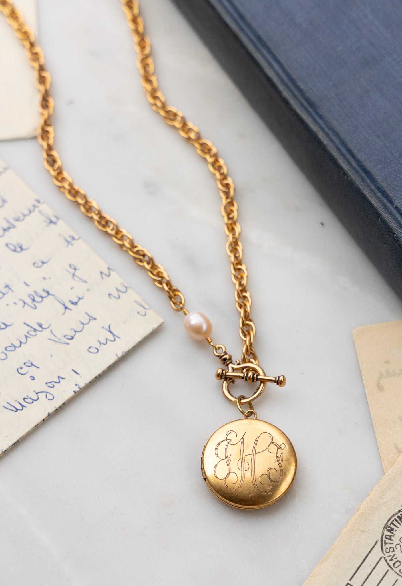 Custom Machine Engraved Katherine Necklace with Natural Pearl and Frances Locket