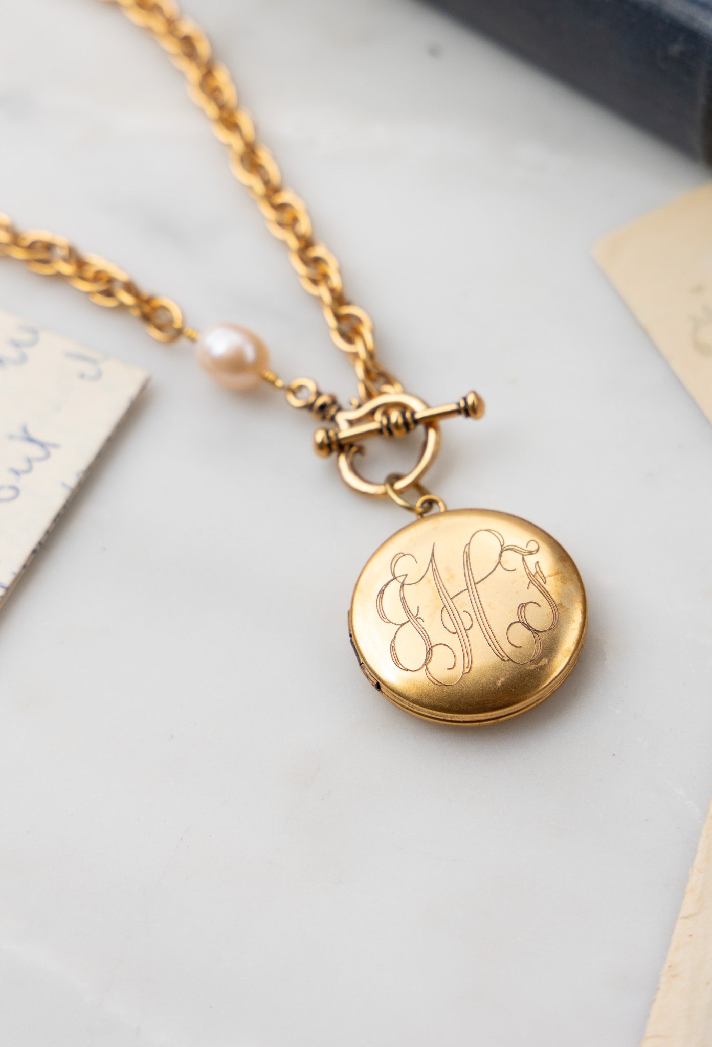Custom Machine Engraved Katherine Necklace with Natural Pearl and Frances Locket