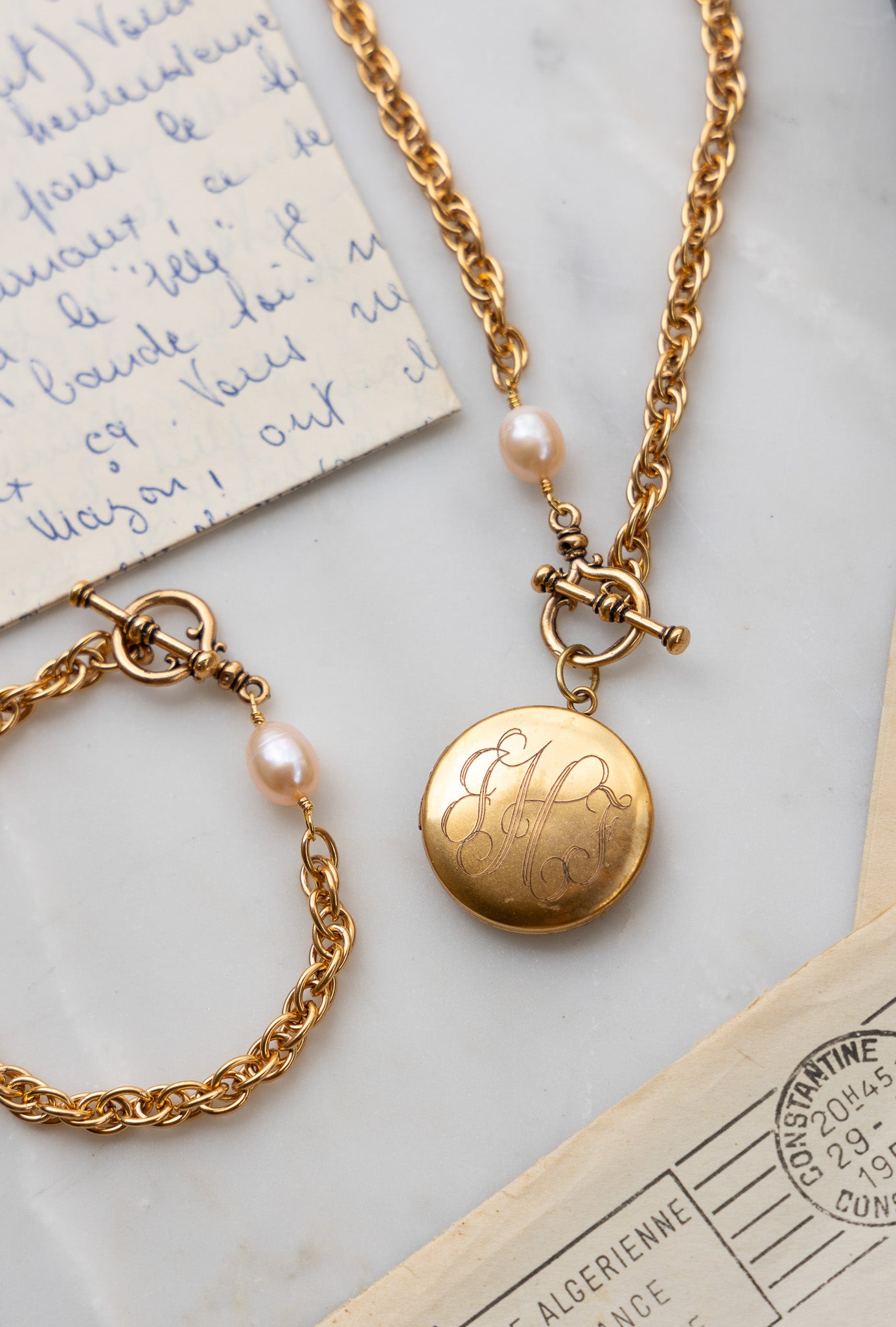Custom Machine Engraved Katherine Necklace with Natural Pearl and Frances Locket