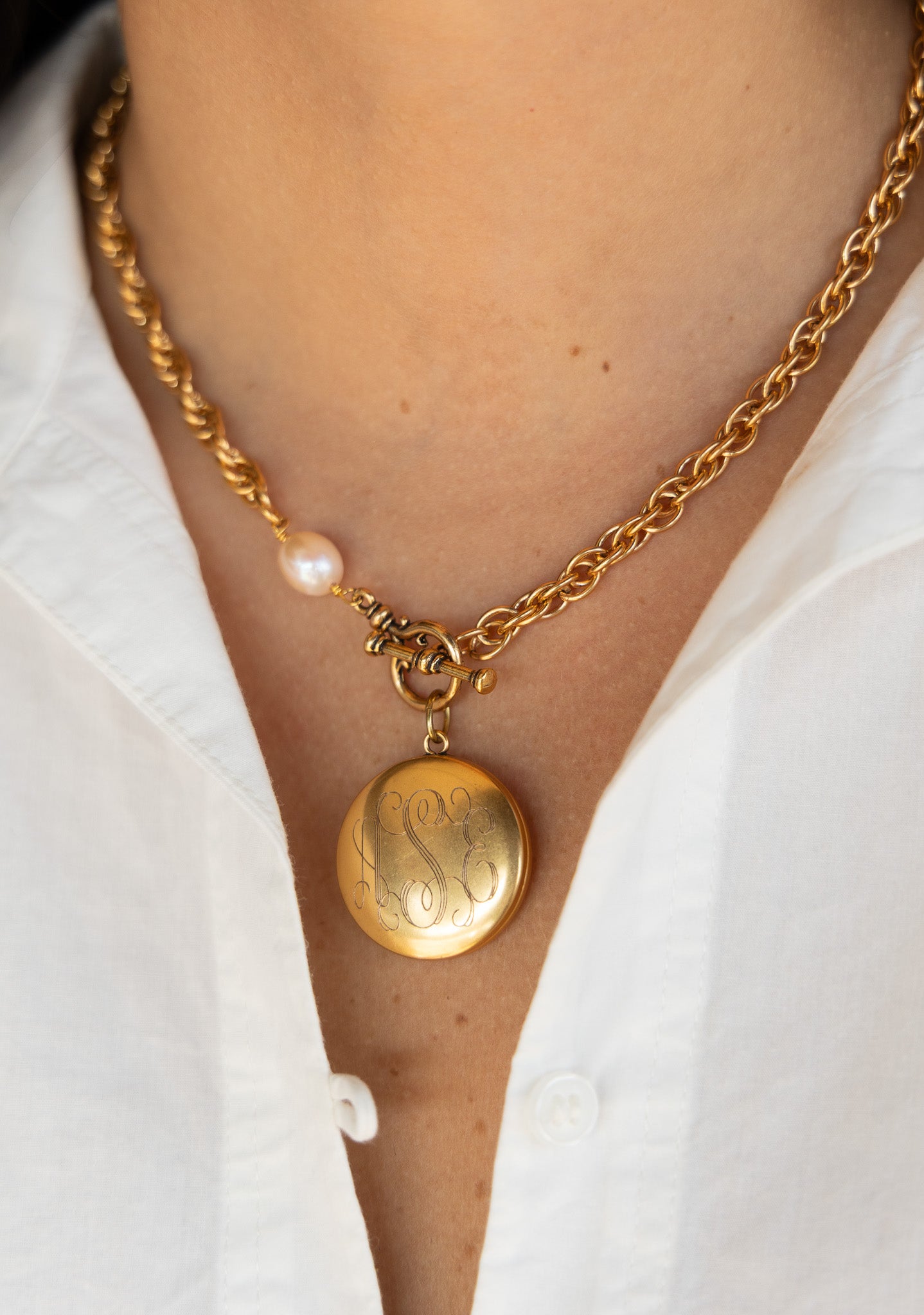 Custom Machine Engraved Katherine Necklace with Natural Pearl and Frances Locket