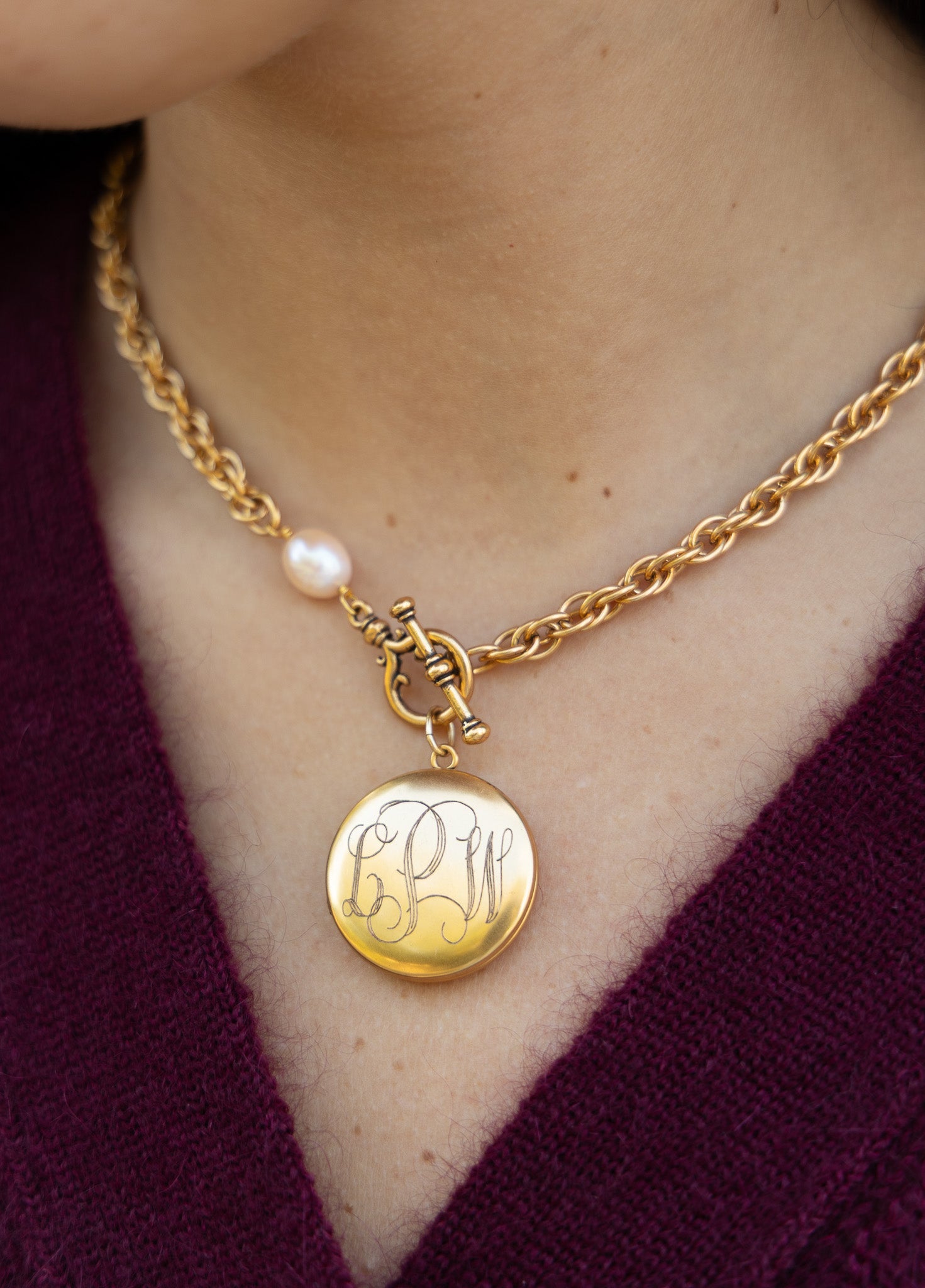 Custom Machine Engraved Katherine Necklace with Natural Pearl and Frances Locket