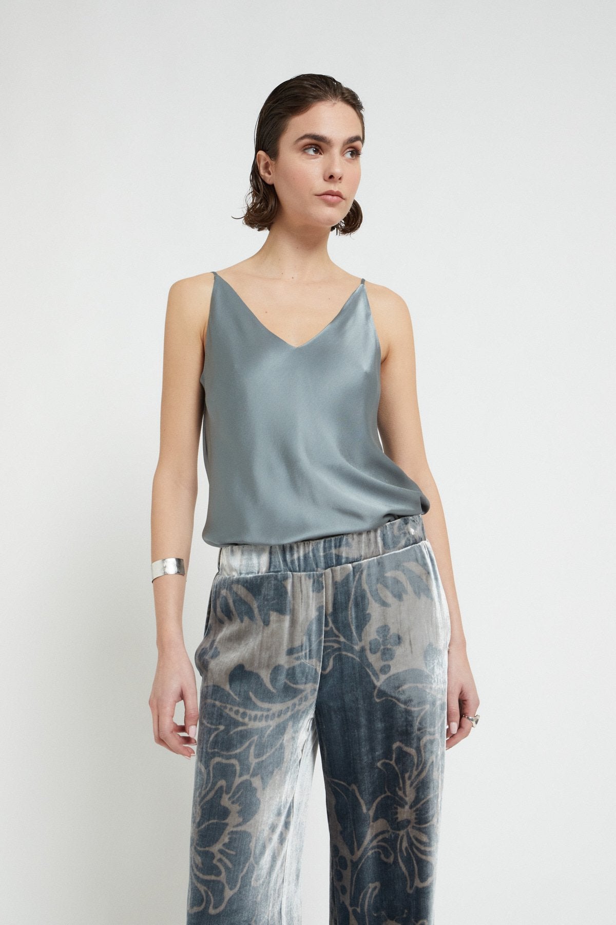 Satin V-Neck Tank Top in Dusty Blue by Ottod'Ame – Ex Voto