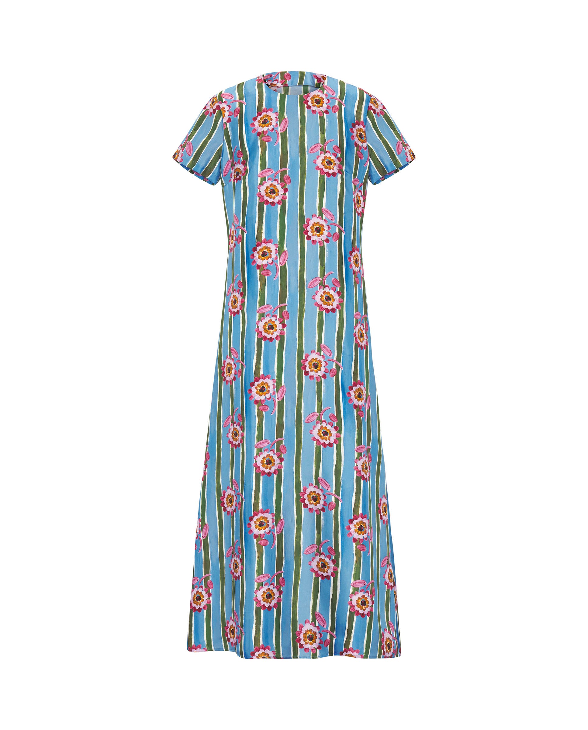 blue stripe floral embroidered starlight midi dress Blue Floral Long Sleeve Starlight Midi Dress