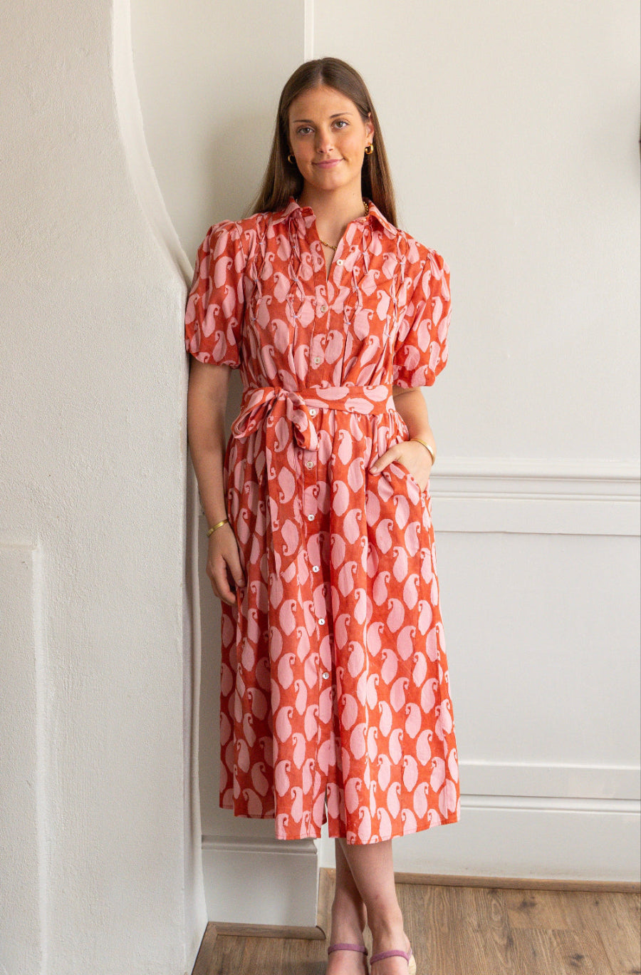 open lace back dress Sunset Muse Red Maxi Dress - Block Print with Pockets main image 0