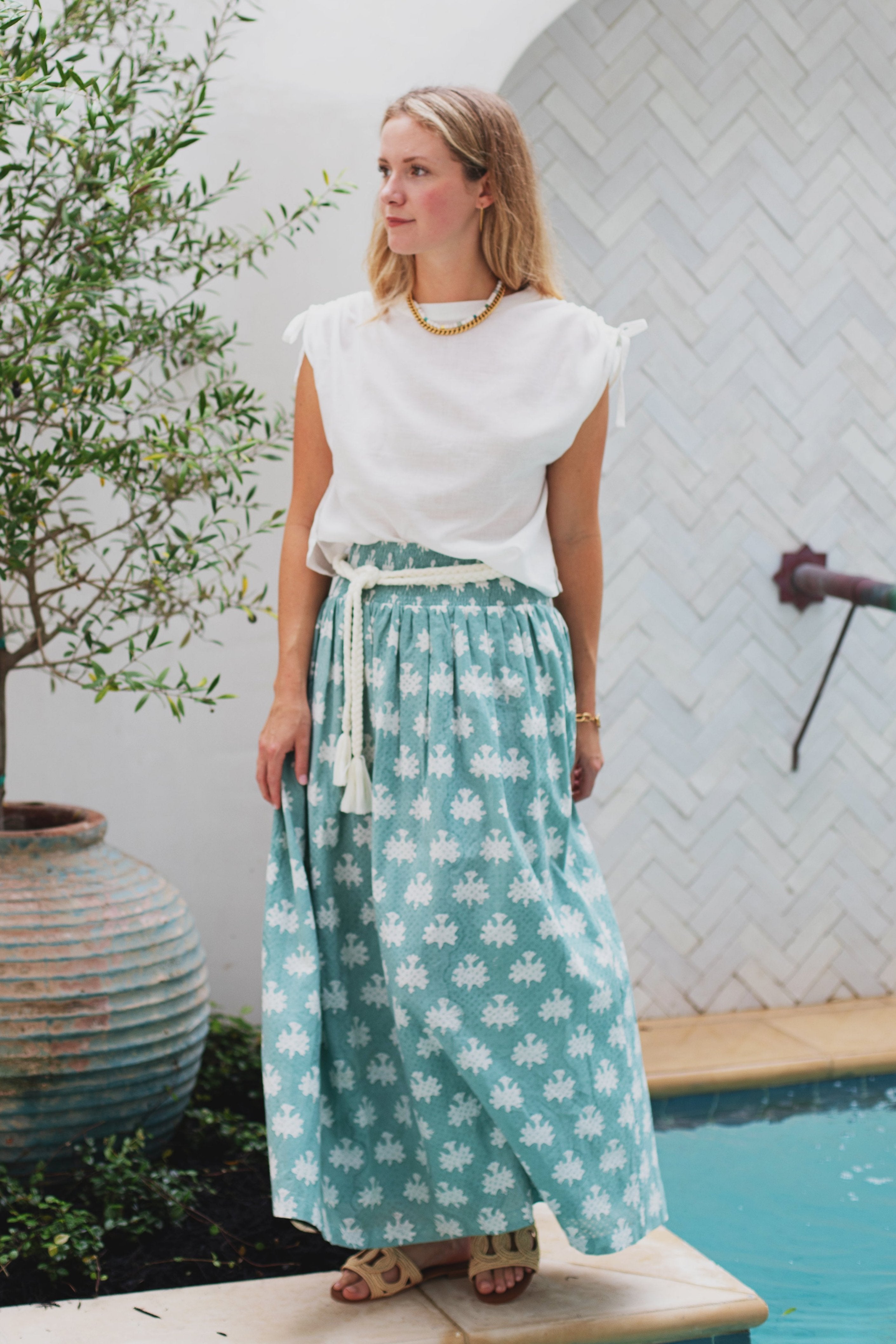 【THE MOZZ】Mayo Stripe Long Setup Skirt Mia Maxi Skirt in Blue Surf Blockprint by ExVoto – Ex Voto