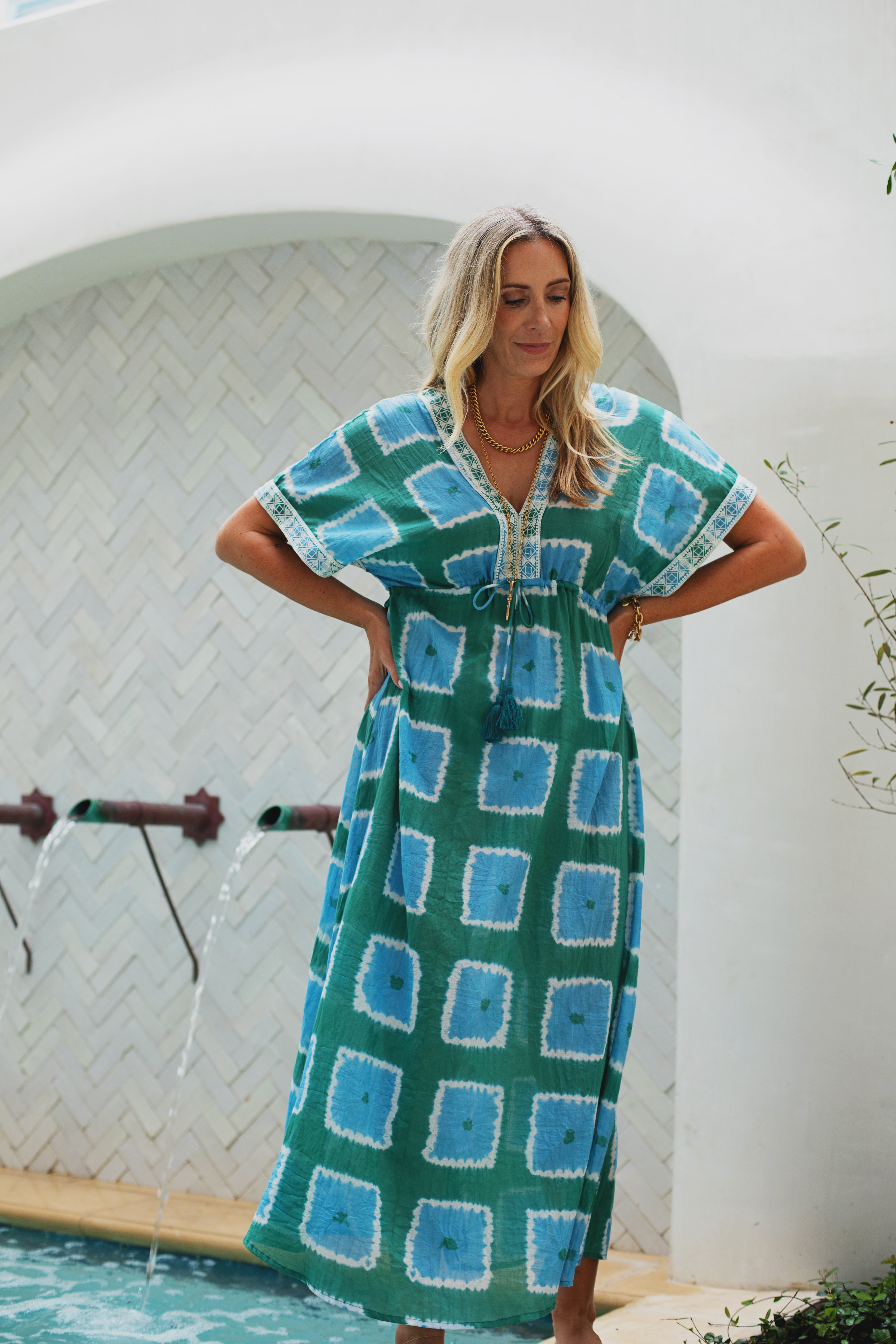VACATION WEAR :: Kate Maxi Caftan with Embroidery in Blue