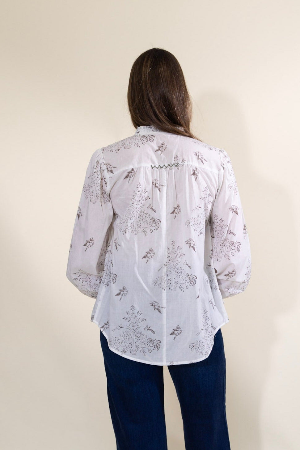 Eve Embroidered Blouse in White with Brown Blockprint by