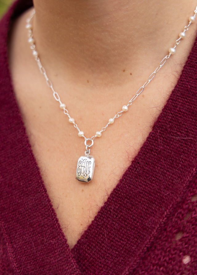 Custom Hand Engraved 18" Margaret Necklace in Sterling Silver with Ramsay Locket