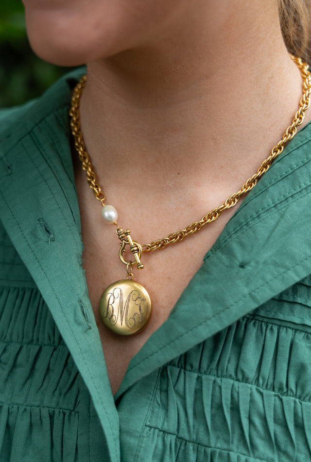 Custom Machine Engraved Katherine Necklace with Natural Pearl and Frances Locket