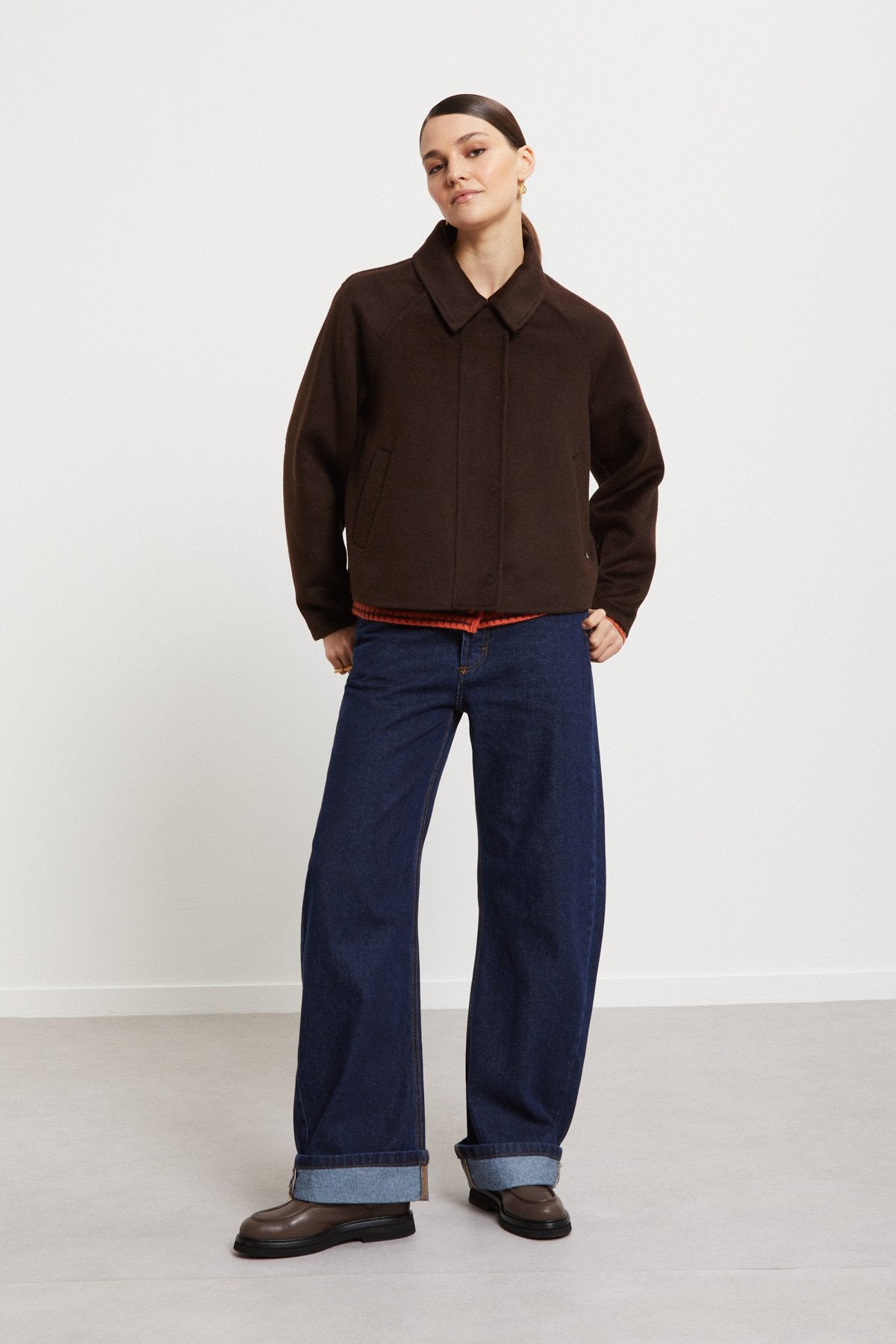 ジャケット・アウター euw jacket set up one-piece / brown Cropped Wool Blend Jacket by Ottod'Ame (Chocolate Brown or Ecru