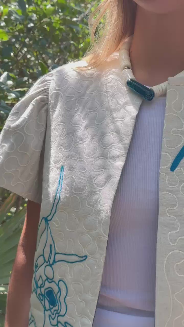 Darby Reversible Vest in White & Daphne Blue Embroidery by ExVoto