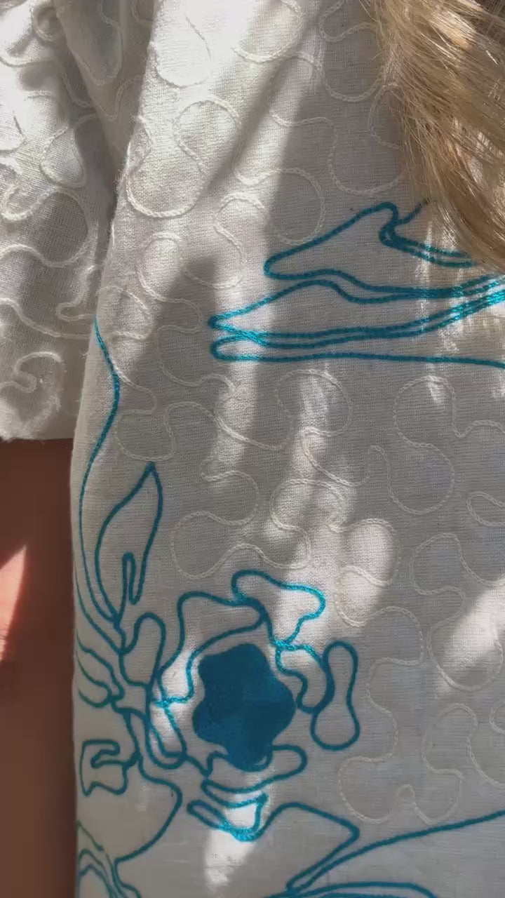 Darby Reversible Vest in White & Daphne Blue Embroidery by ExVoto